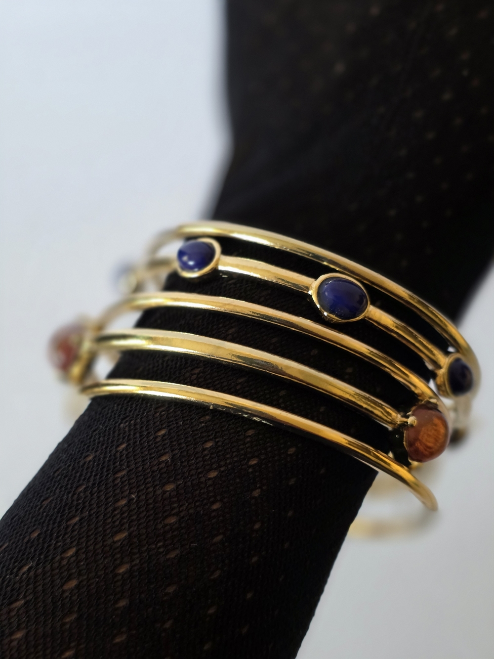 Chico's Gold Open Multi-Band Cuff with Blue and Amber Stones